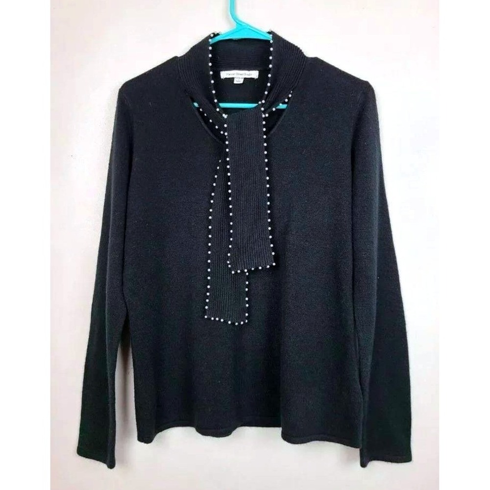 VTG 90s Mercer Street Studio Sweater Womens Large Black Pearl Trim Tie Neck